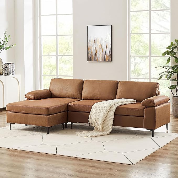 100" Sectional Sofa, Faux Leather Mid-Century Modern Reversible Couch