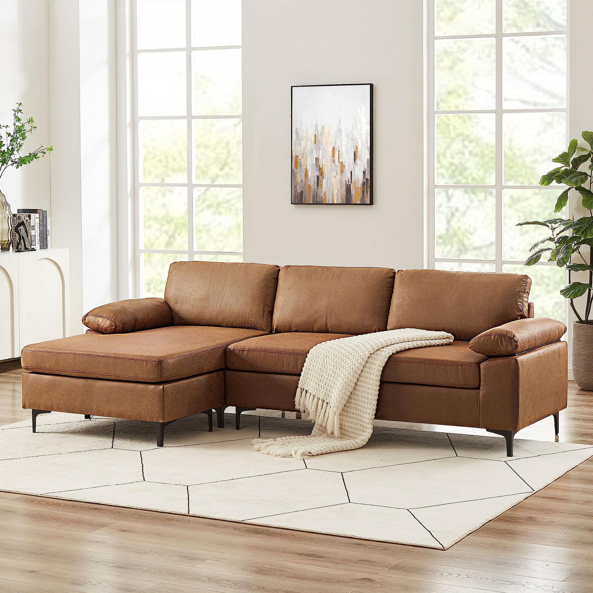 100" Sectional Sofa, Faux Leather Mid-Century Modern Reversible Couch