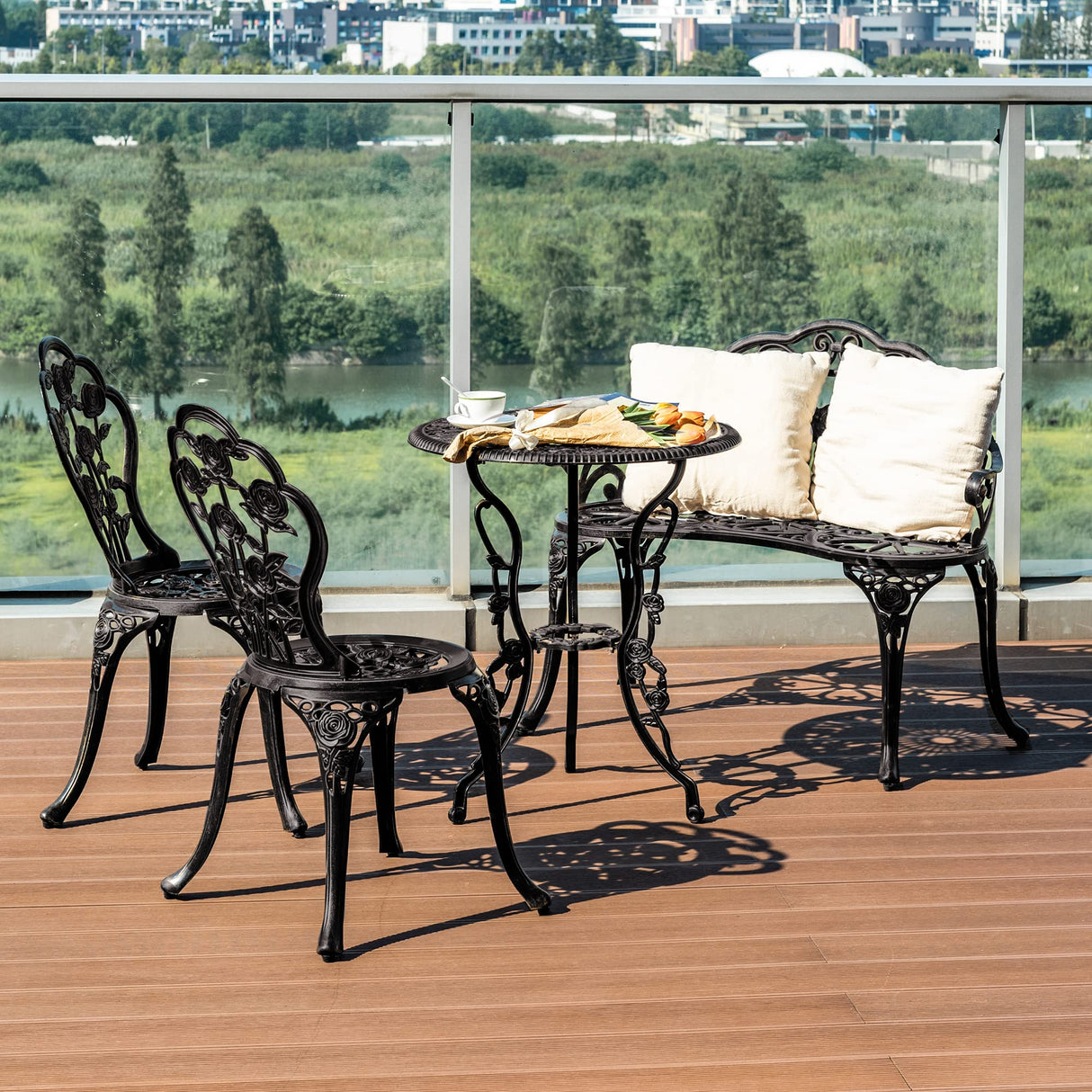 Cast Aluminum Bistro Set of 4, Patio Rose Table and Chair Set with Umbrella Hole