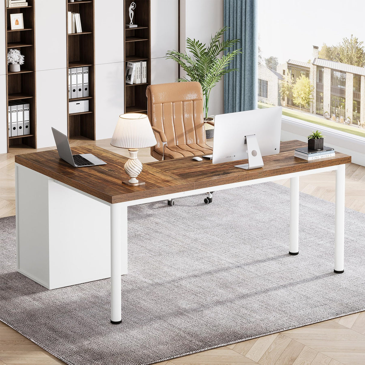 L-Shaped Computer Desk with 5 Drawers, 55 Inches Corner Desk Office Desk