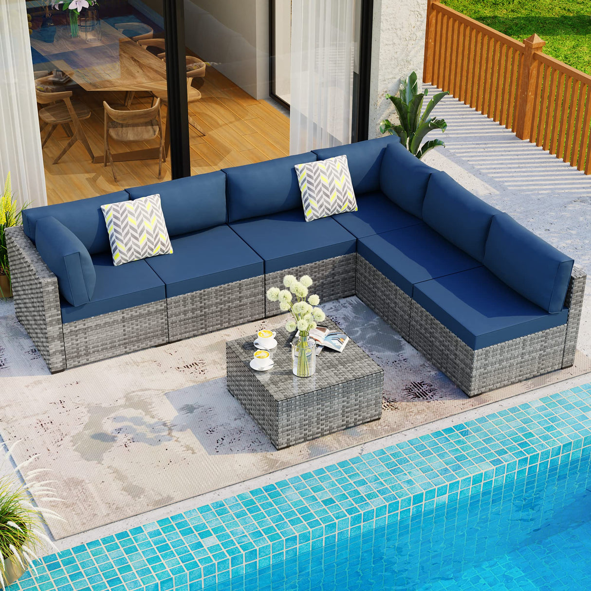 7 Pieces Outdoor Patio Sectional Sofa Couch, Silver Gray PE Wicker Furniture Conversation Sets