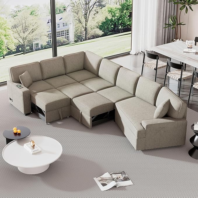 125" Pull Out Sleeper Sofa Bed with 2 Back Pillows,Oversized L-Shaped Sectional