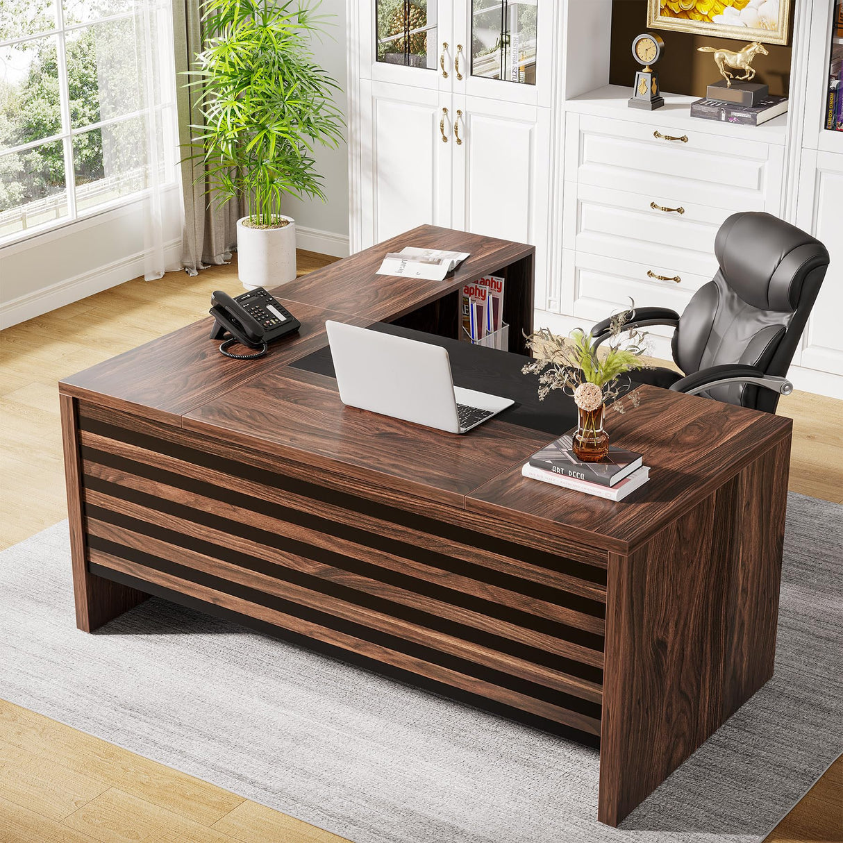 62.2" Executive Desk with Mobile File Cabinet, L-Shaped Office Desk with Storage Shelves
