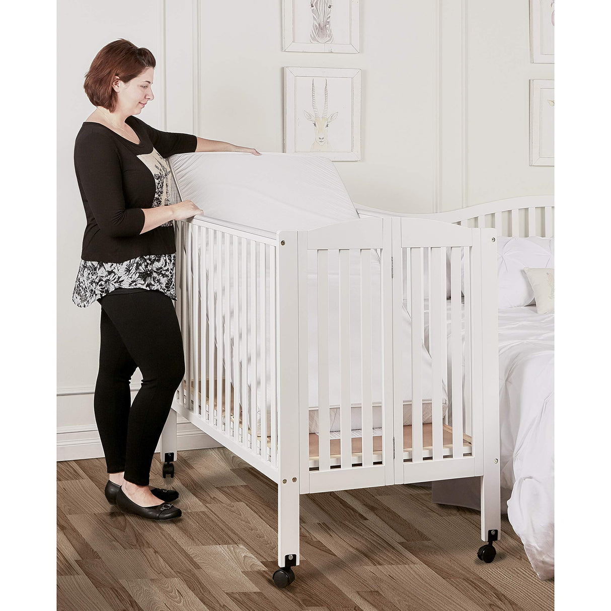 3 in 1 Portable Folding Stationary Side Crib in White, Greenguard Gold Certified, Safety Wheel with Locking Casters, Convertible, 3 Mattress Heights