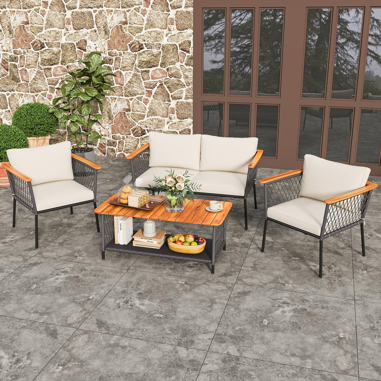 4 Piece Patio Furniture Set, Patiojoy Rattan Chair Set w/ 2-Tier Coffee Table
