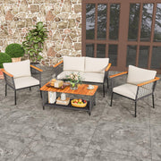 4 Piece Patio Furniture Set, Patiojoy Rattan Chair Set w/ 2-Tier Coffee Table