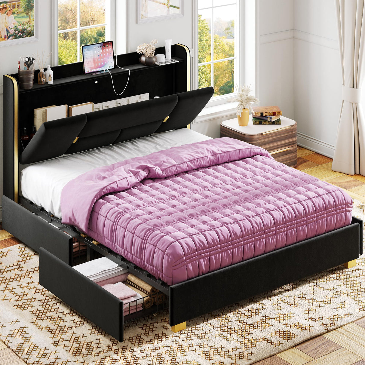 Full Size Bed Frame with 4 Drawers, Upholstered Storage Headboard