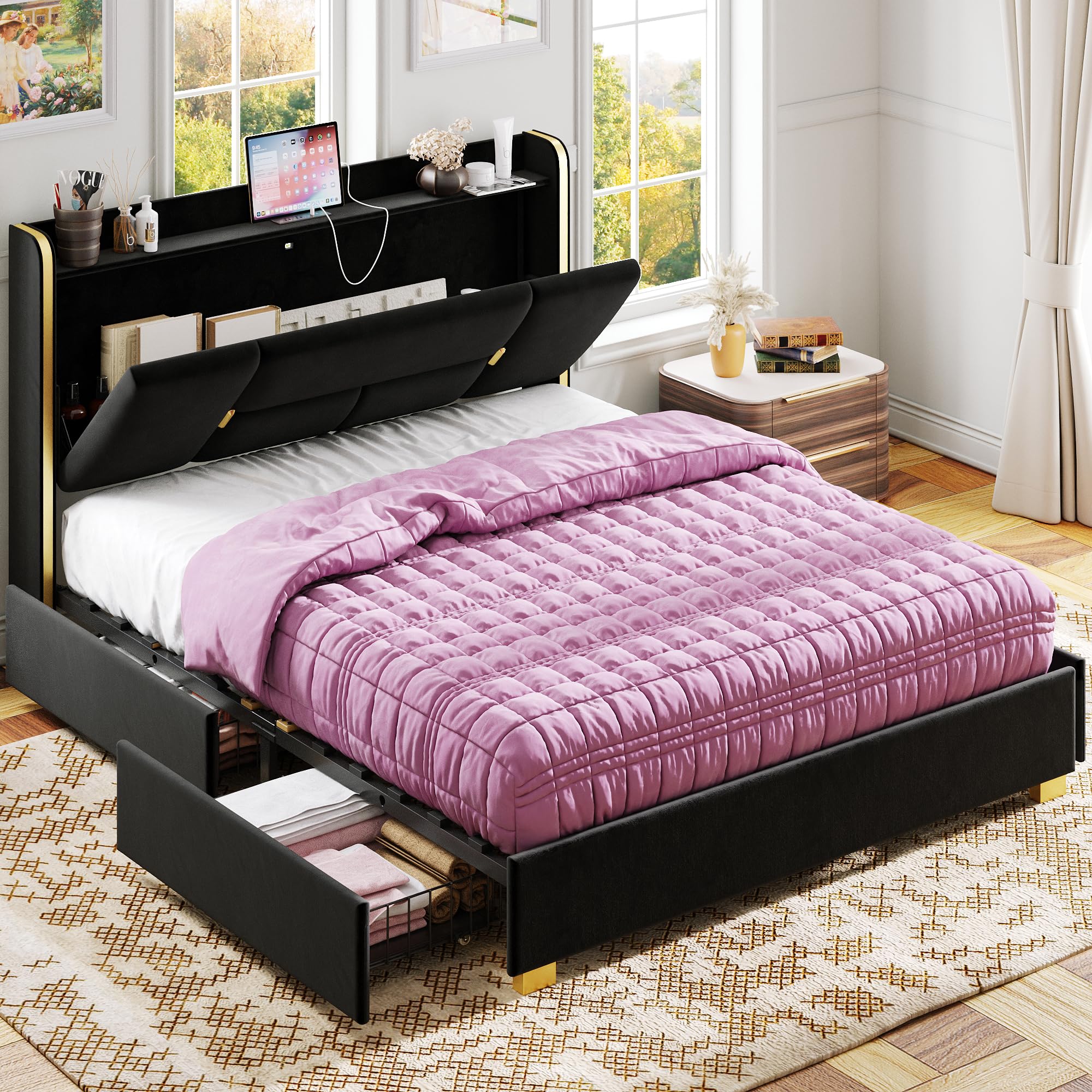 Full Size Bed Frame with 4 Drawers, Upholstered Storage Headboard