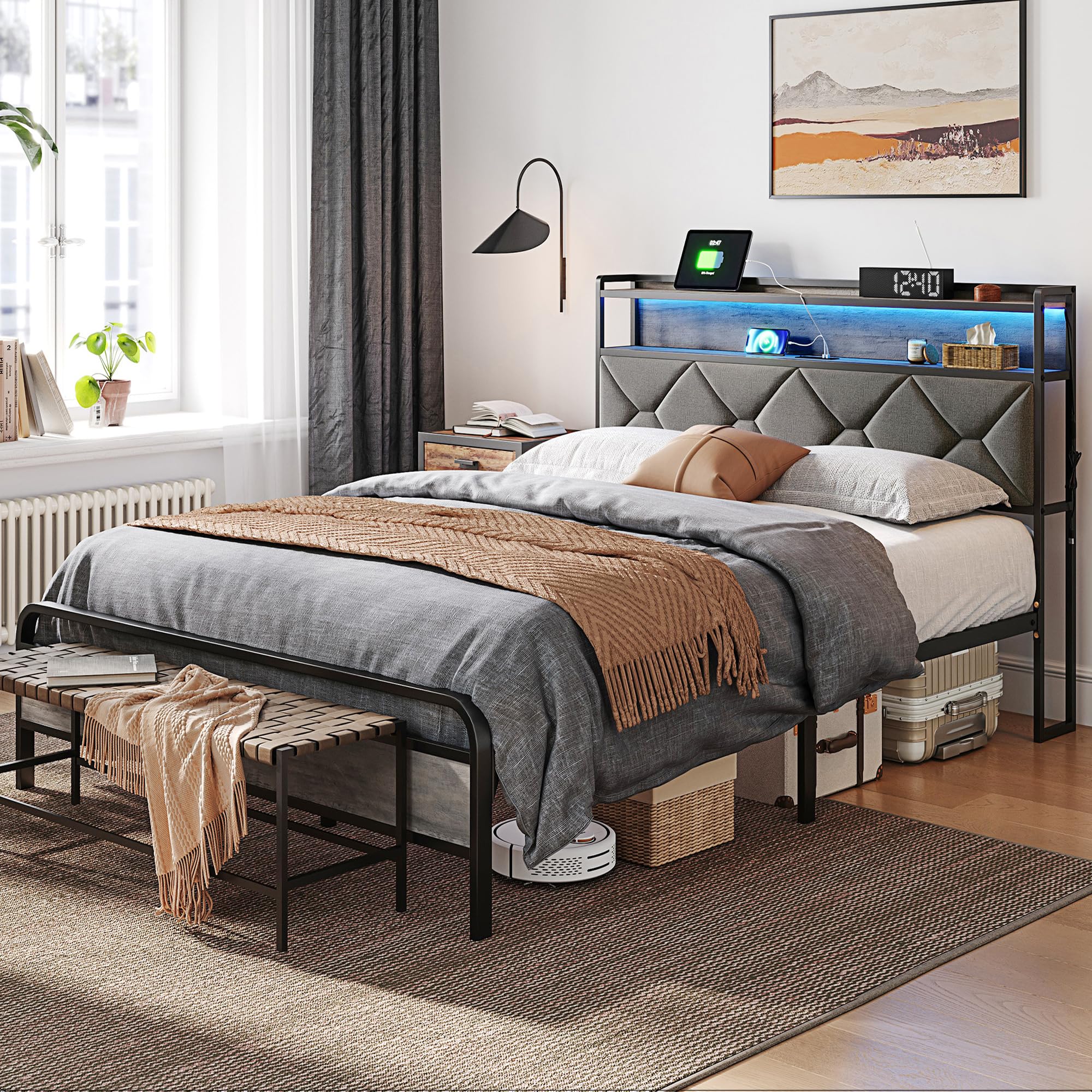LINSY Full Bed Frame with Storage Headboard, Upholstered Platform Frame with LED and Charging Station, Metal Full Size Bed Frames, No Box Spring Needed, Easy Assembly, Rustic Grey