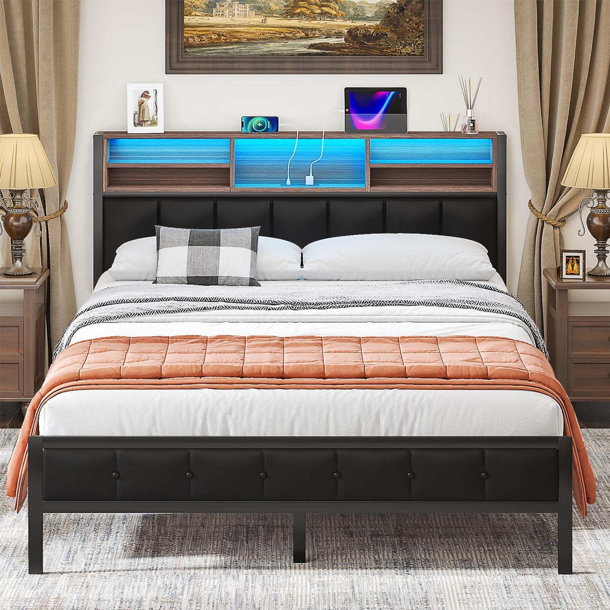 Queen Metal Bed Frame with Wooden Headboard and LED Charging Station