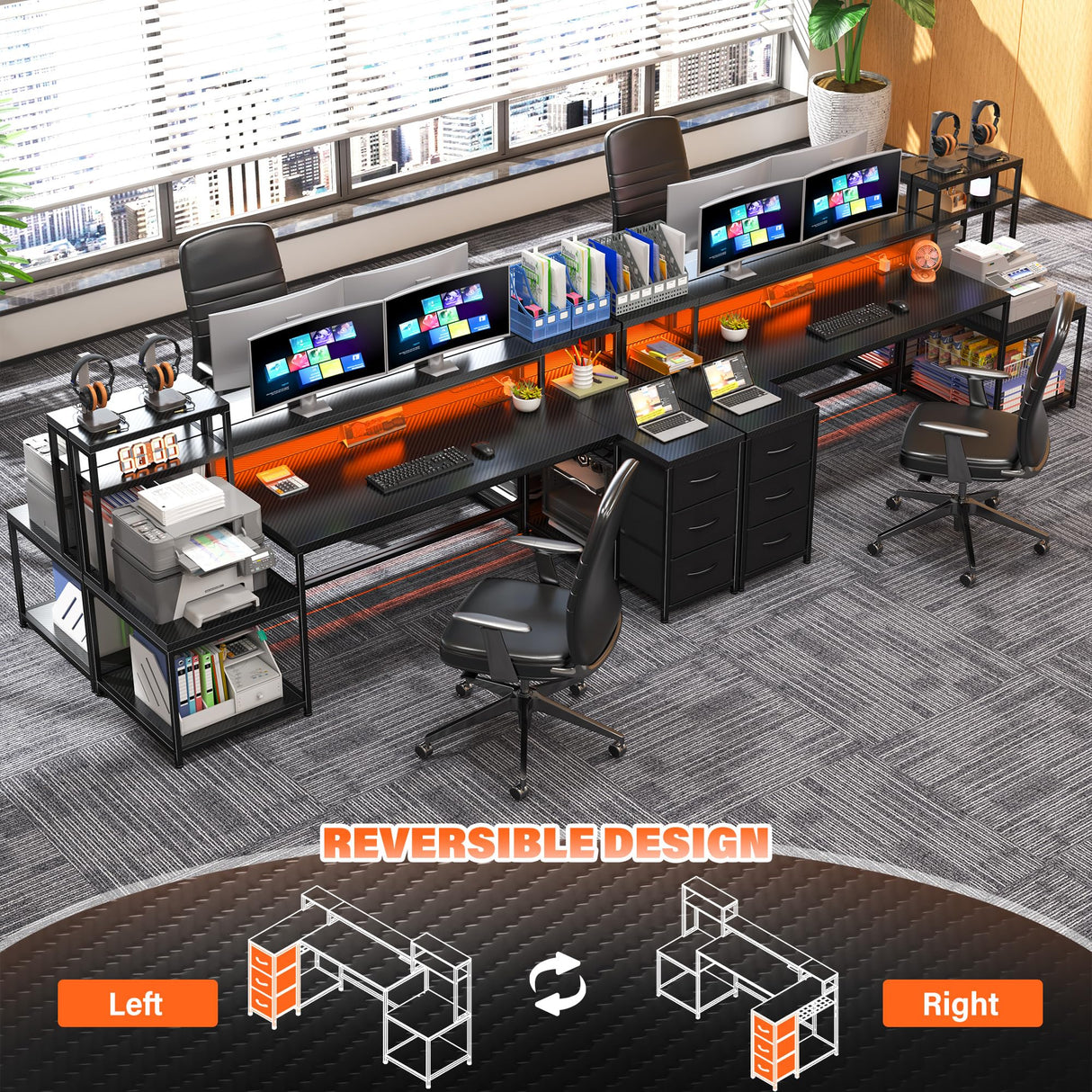 71'W L Shaped Gaming Desk, Computer Desk with Power Outlet & LED Lights