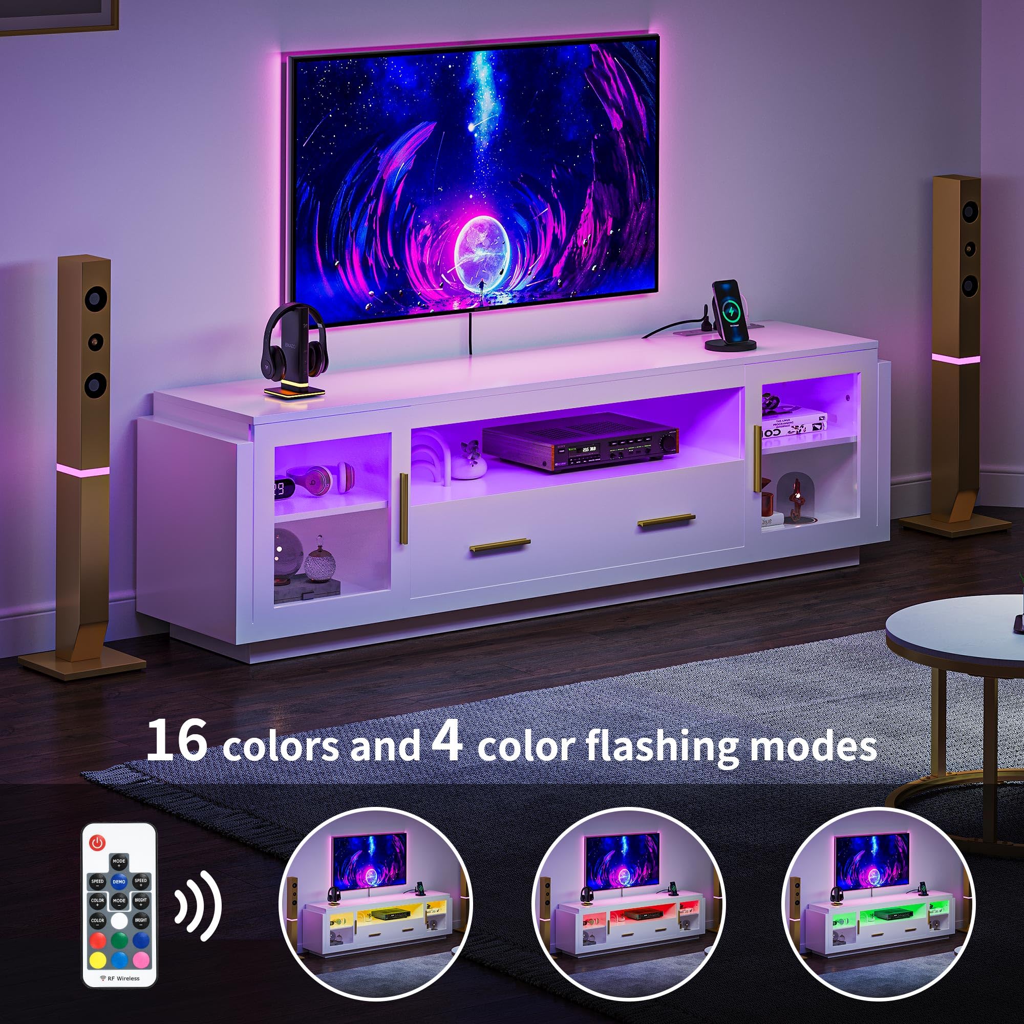 LED TV Stand with Power Outlets, Modern Entertainment Center Media Console