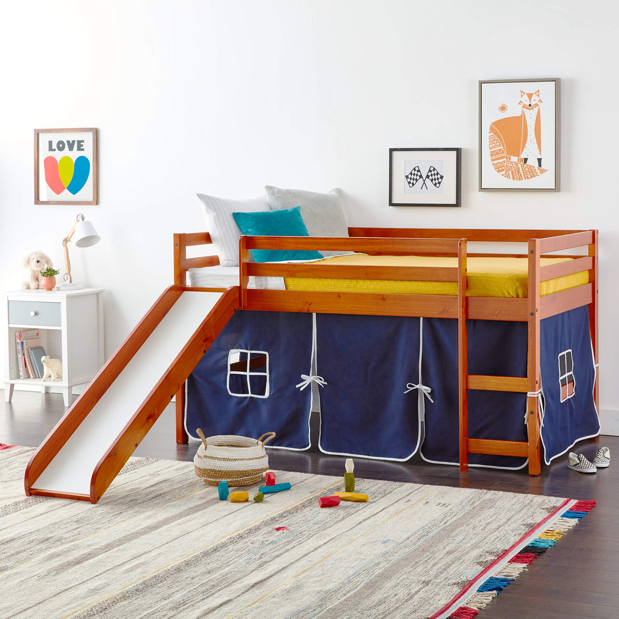 Low Loft Bed with Slide with Tent, Twin, Light Espresso/Blue