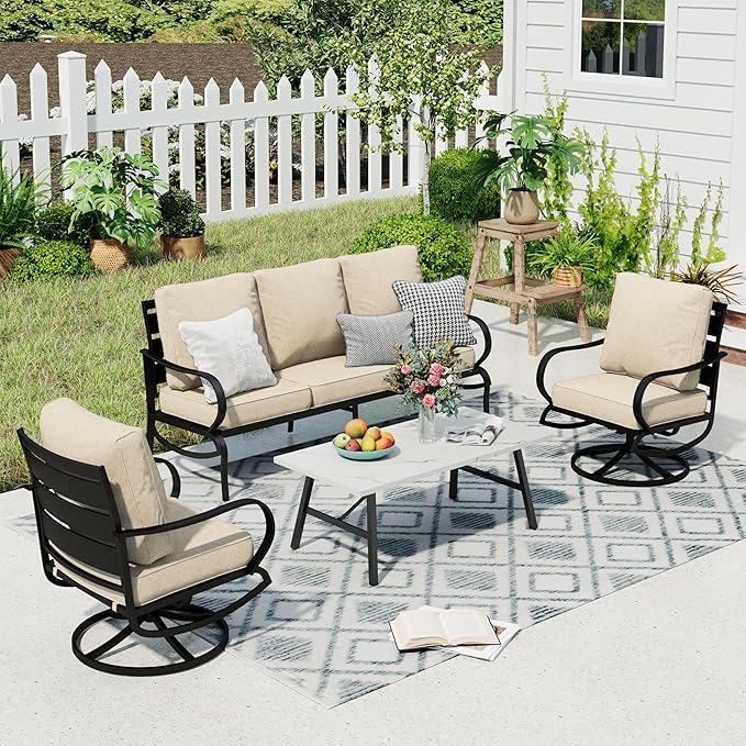 Patio Furniture Sets 5 Pcs Outdoor Metal Conversation Sets 5 Seats with 1 x 3-Seat Sofa