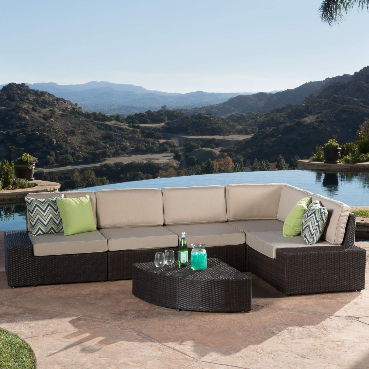 Santa Cruz Outdoor Wicker Sectional Sofa Set with Water Resistant Cushions, 6-Pcs Set, Brown