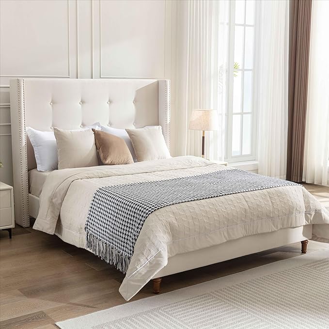 Upholstered Bed Frame, 54" High Headboard with Nailhead Trim Wingback