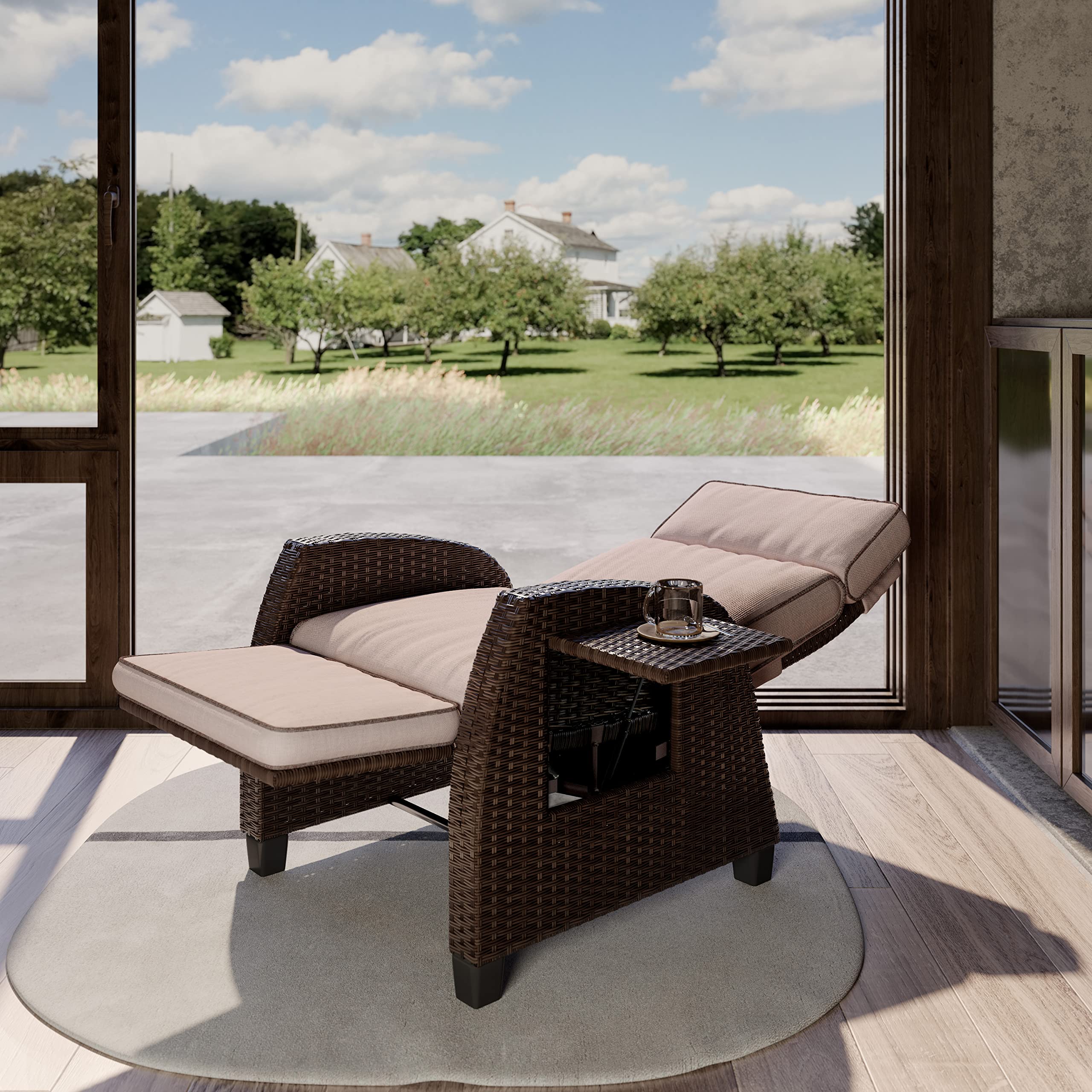 Moor Wicker Patio Recliner Chair – Built-In Table, Cushions & Linked Footrest Motion