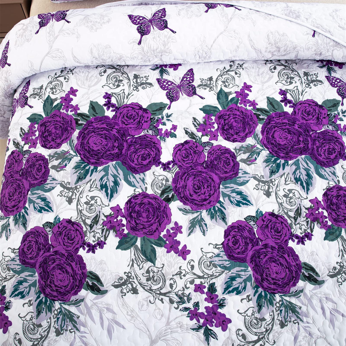 Floral Quilt Set Queen Size Elegant Purple Rose Bedding Bedspreads