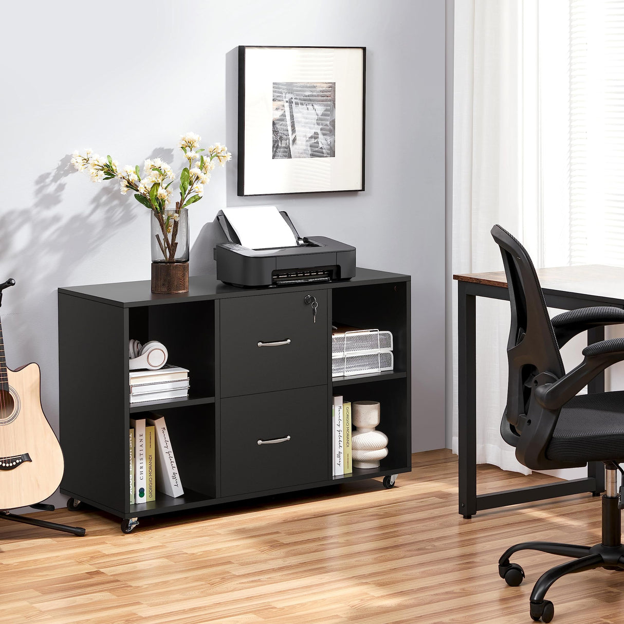 Black File Cabinet Large Mobile Storage Lateral Filing Cabinet