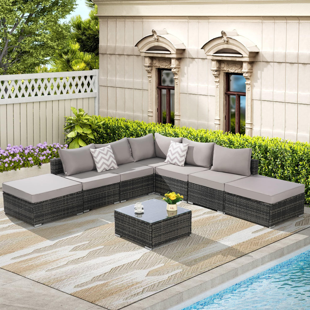 8-Piece Outdoor Patio Sectional Sofa Set with Glass Coffee Table - Light Gray Rattan