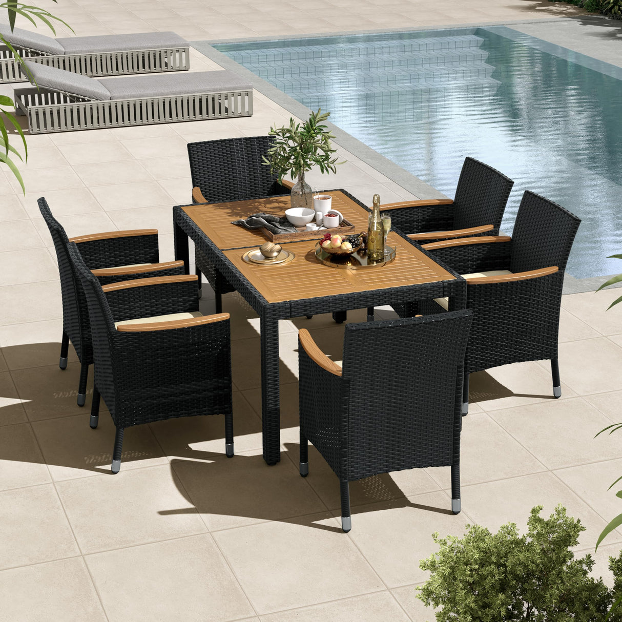 7 Piece Patio Furniture Set, Outdoor Dining Acacia Wood Table Top Rattan Conversation