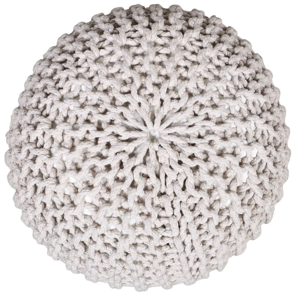 Ottoman Round Pouf Ivory Cotton Braided Cord Woven Foot Stool Hand Stitched