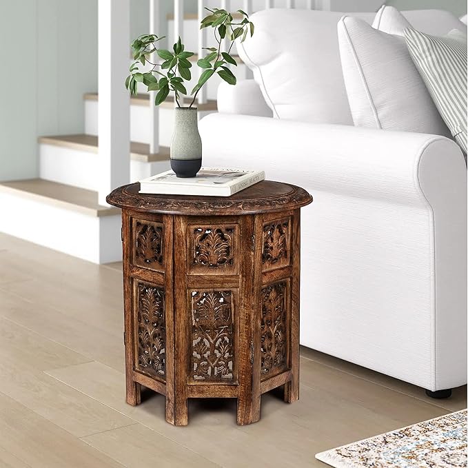 Hand-Carved Wooden Pillar Table - Small Side End Table, Elegant Entry & Living Room