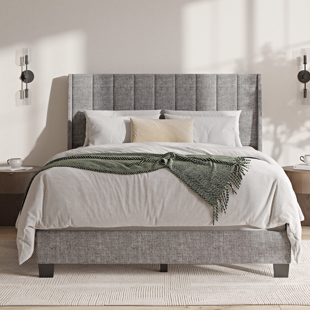 Herman Modern Queen Size Bed Frame - Wooden Upholstered Panel Bed Frame