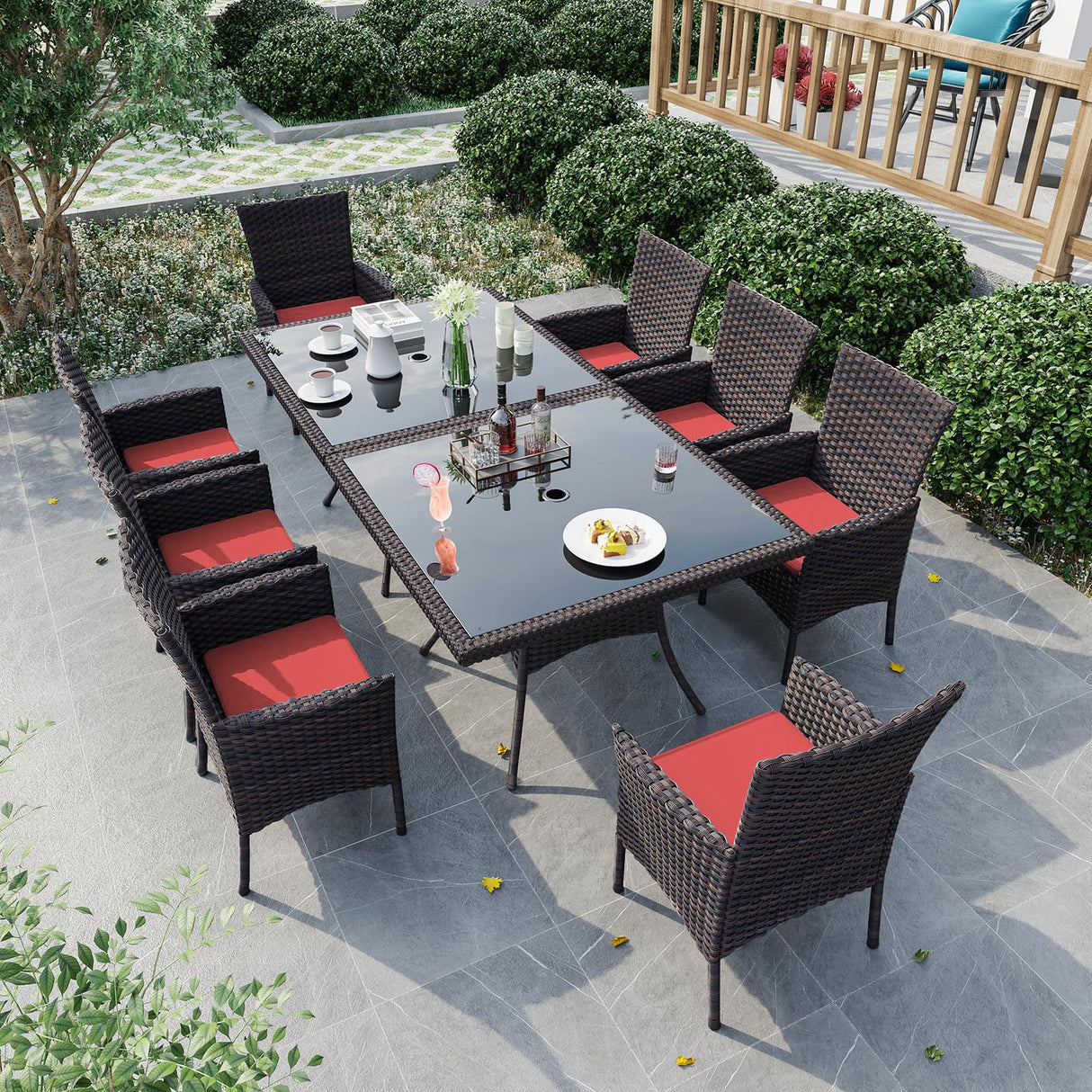 10-Piece Indoor/Outdoor Dining Table Set, Garden Patio Rattan Set with w/Tempered Glass Tabletop