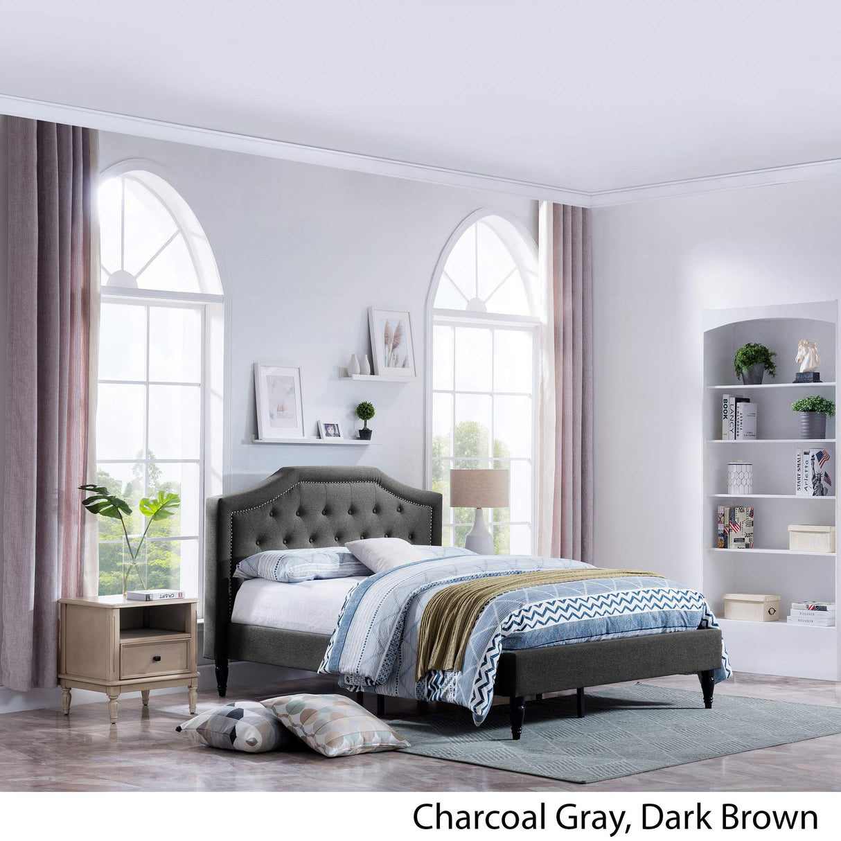 Contemporary Low Profile Fully Upholstered Fabric Platform Bed Frame, Queen,