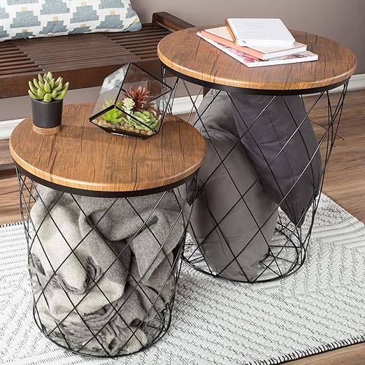 End Storage – Nesting Wire Basket Base and Wood Tops