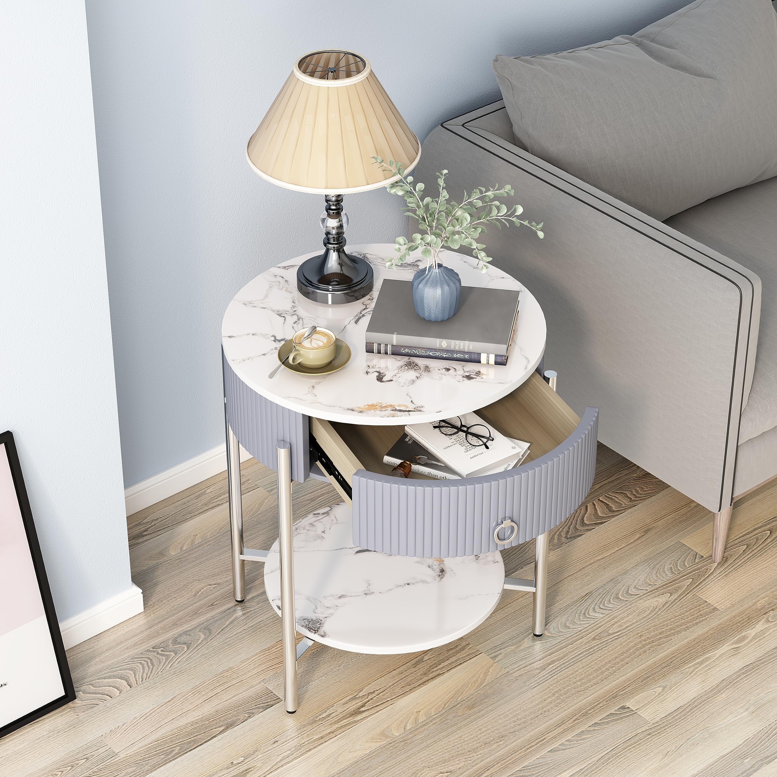 Round Side Table with Drawer, Modern Nightstand with Shelf and Chrome