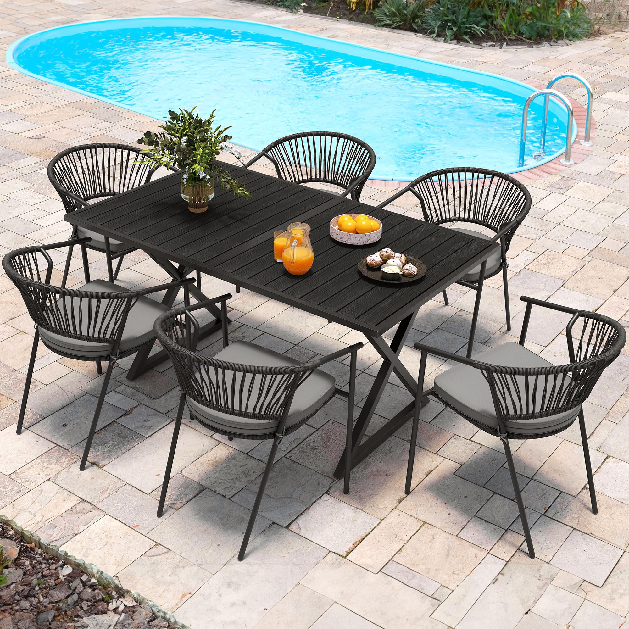 7 Piece Patio Dining Set, Stackable Chairs with Comfortable Cushions, 59" Rectangle