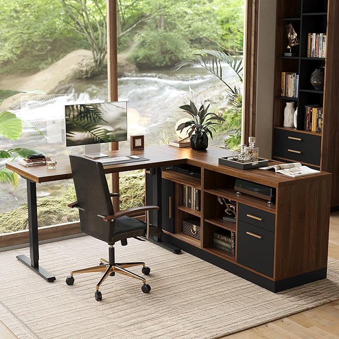 67" Standing Desk with 2 File Cabinets, AC/USB, 1.18" Desktop, L Shaped Height Adjustable