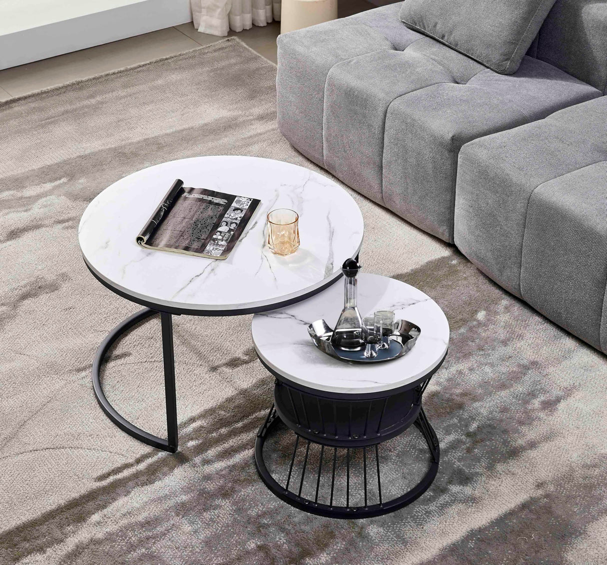 Nesting Coffee Table Black Set of 2, 27.5" Round Coffee Tables Living Room
