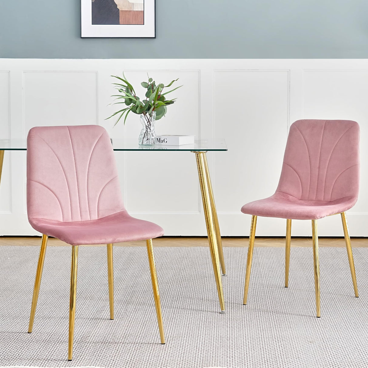 Velvet Dining Chairs Set of 4 - Modern Pink Upholstered Kitchen Chairs with Metal Legs
