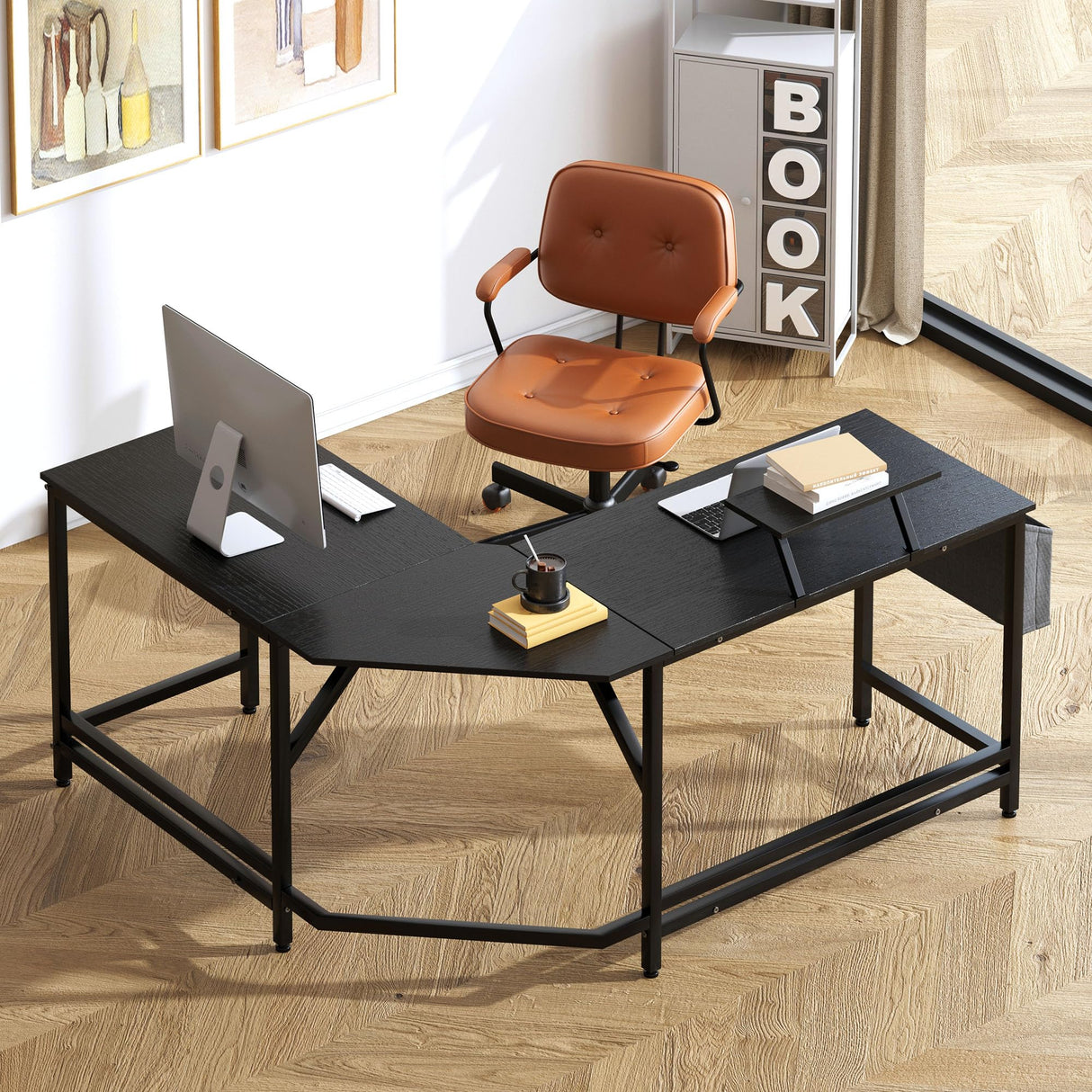 L-Shaped Desk with Side Storage Bag, 59 inch L Shape Computer Desk with Monitor Stand, Home Office Desk for Corner, Gaming Desk, Writing Desk, Reading Table, L Desk, Black