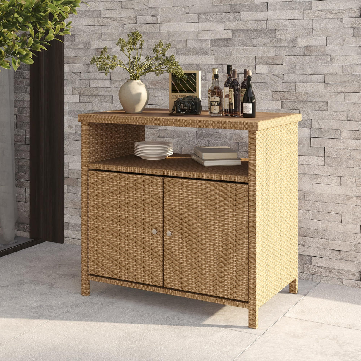Outdoor Storage Cabinet with Walnut Wood Tabletop Weatherproof Wicker Buffet Cabinet