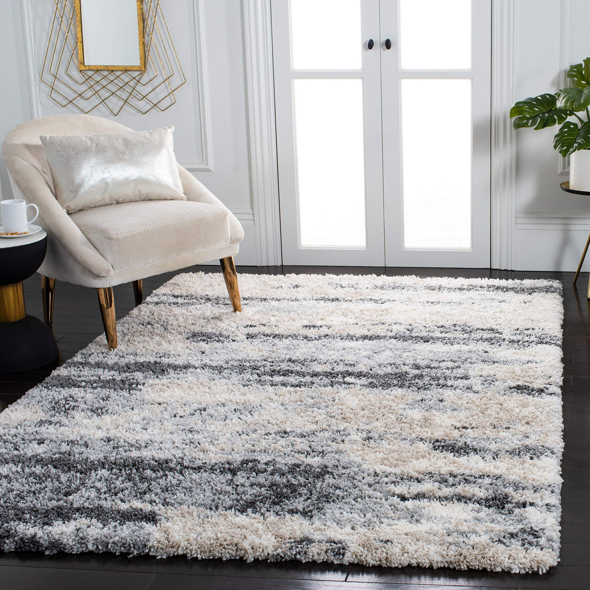Fontana Shag Collection Area Rug - 8' x 10', Grey & Ivory, Modern Design