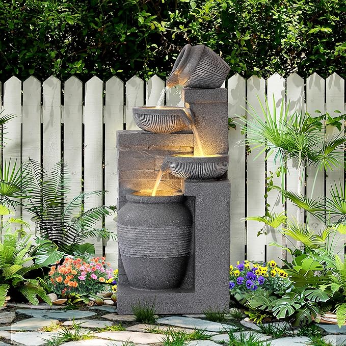 Outdoor Garden Water Fountain, 32" H Freestanding Resin Cascading Bowls Fountain
