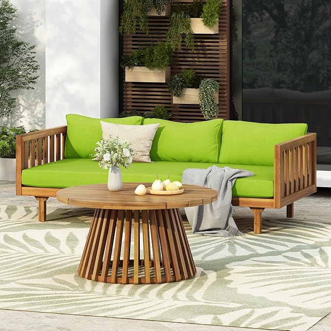 Outdoor Acacia Wood Conversation Set, 3-Seat Loveseat Sofa w/Coushion and Coffetable