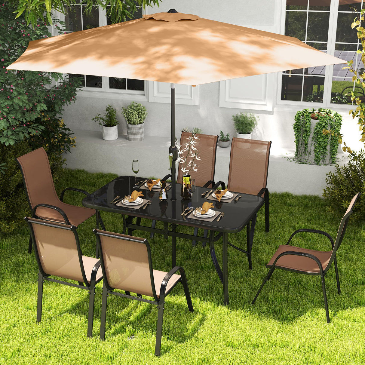 8 Pieces Patio Table and Chairs Set with 9 Ft Patio Umbrella, Outdoor Dining Set