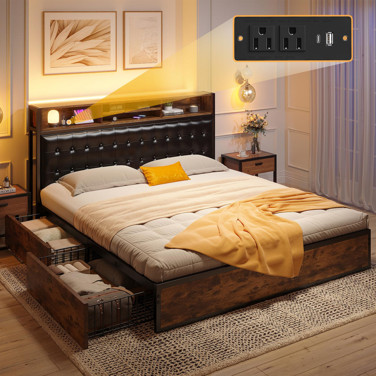 Queen Bed Frame with 4 Drawers Bed Frame Queen Size with Headboard