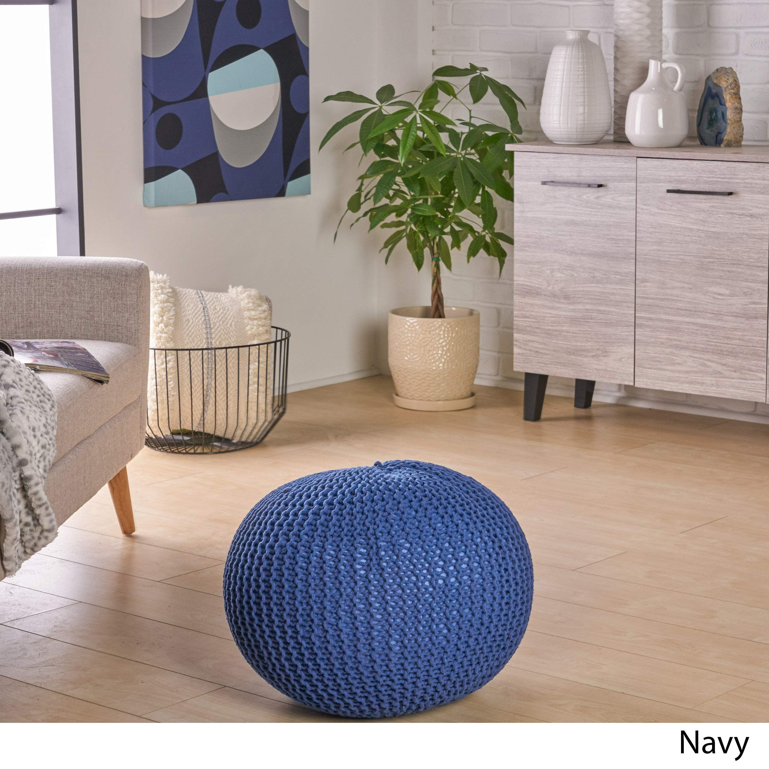 Christopher Knight Home Belle Knitted Cotton Pouf, Navy