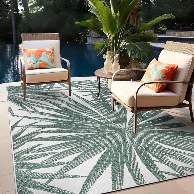 Tropical Leaves Nature Inspired Indoor/Outdoor Area Rug 5' x 7' Black