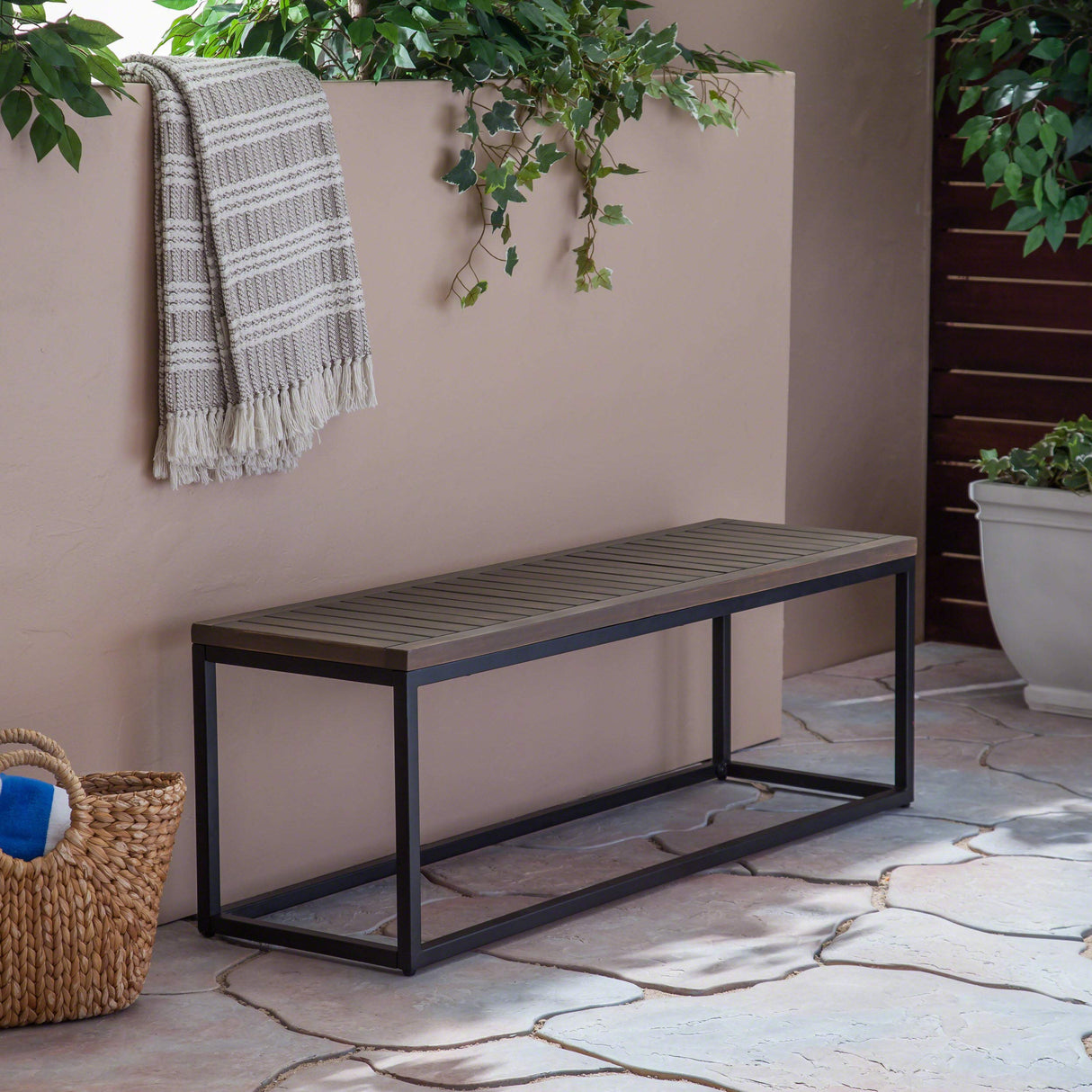 Christopher Knight Home Drew Outdoor Industrial Acacia Wood and Iron Bench, Gray, Grey Finish/Black Metal