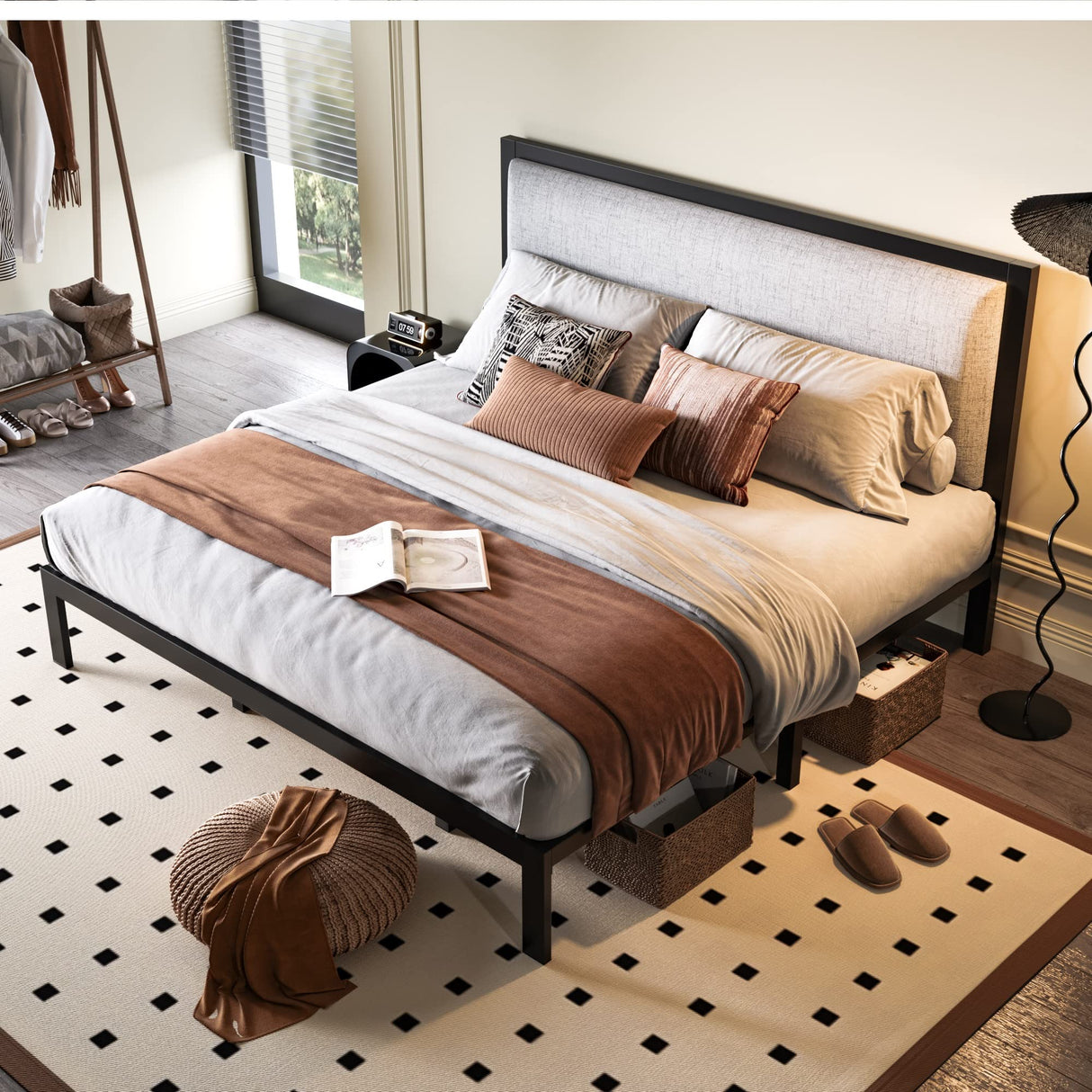 King Size Platform Bed Frame with Minimalist Upholstered Headboard, Metal Structure,