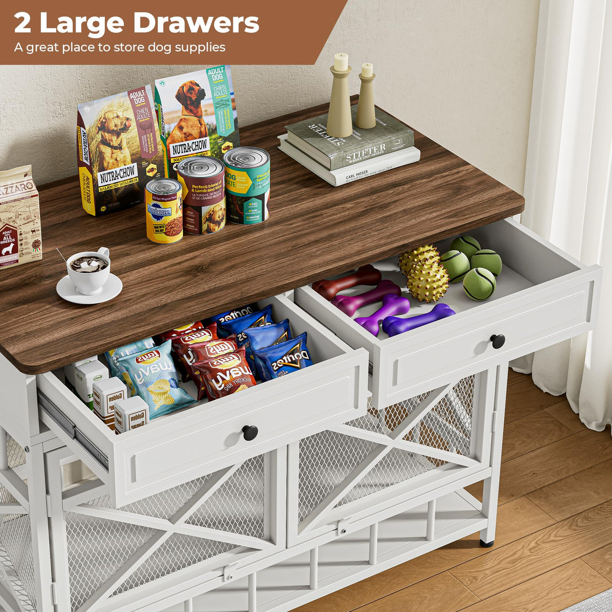 44" Large Dog Crate Furniture with Storage Drawers