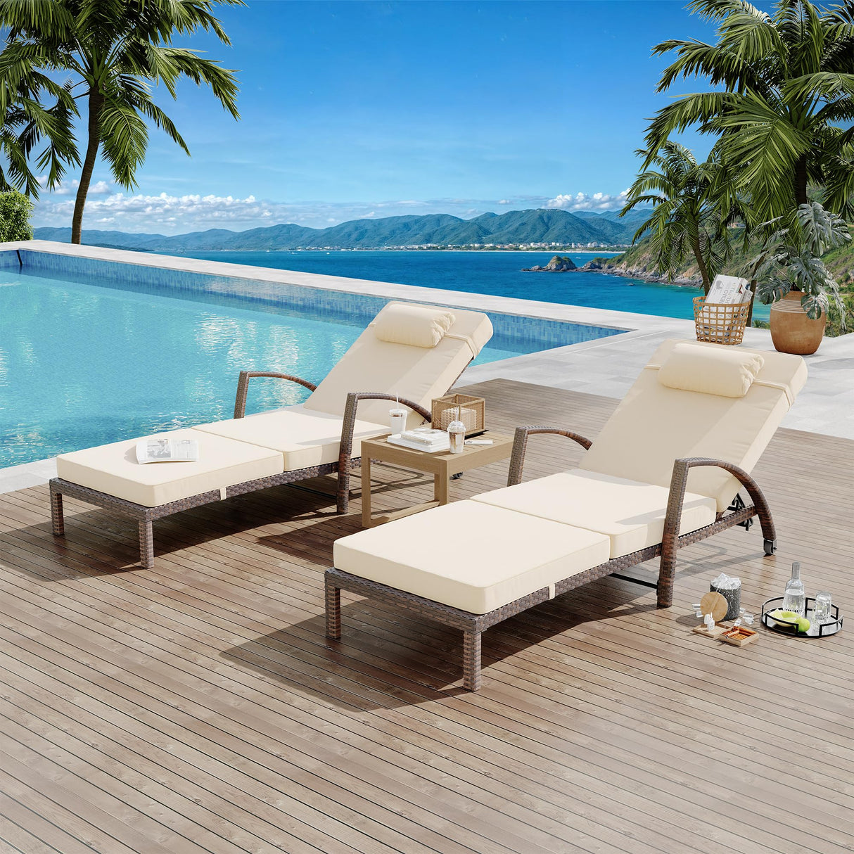 Outdoor Chaise Lounge Set of 2 Rattan Patio Folding Chaise Lounge