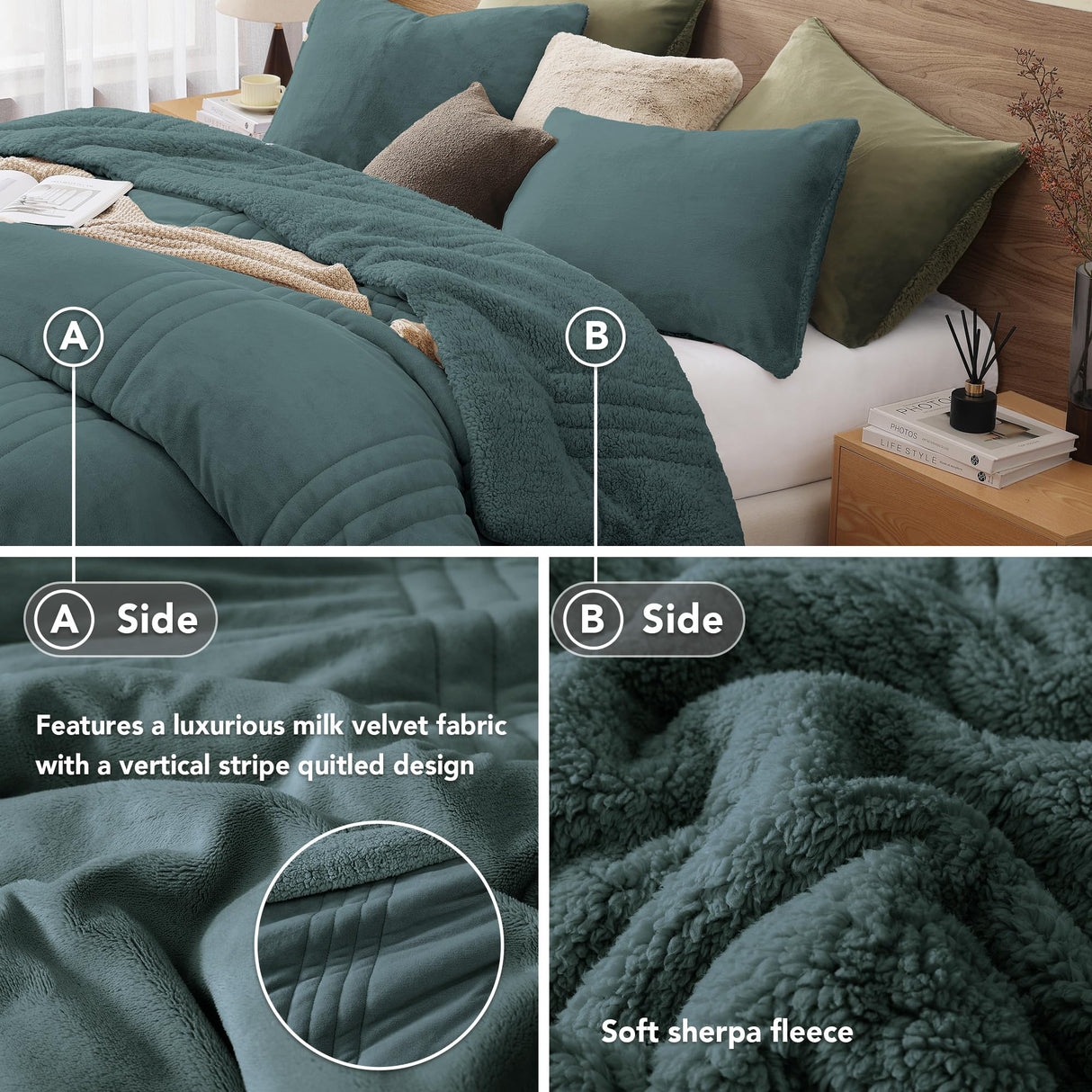 Monbix Fluffy Queen Comforter Set – 3 Piece Cozy Sherpa Comforter Queen Size Teal, Winter Warm Fleece Bedding Set, Luxury Coco Plush Winter Fuzzy Bed Set, 1 Comforter with 2 Pillowcases